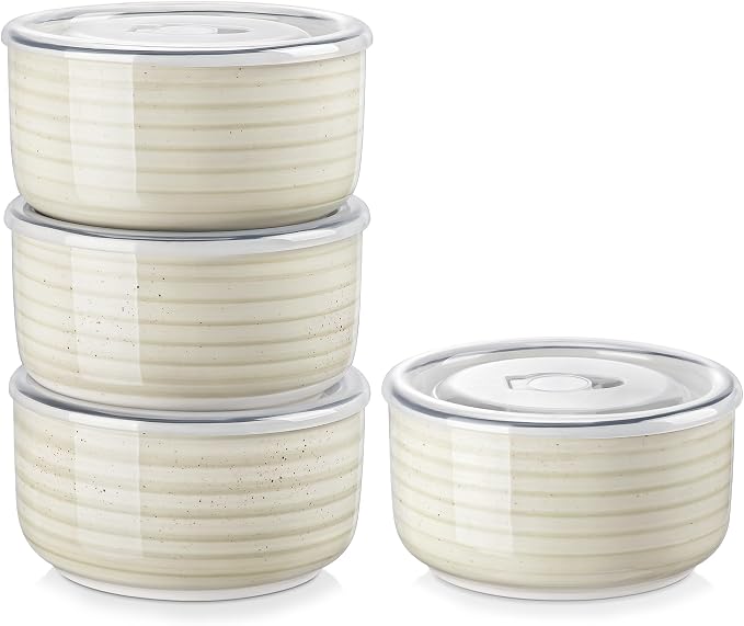vancasso Bonbon Ceramic Bowls with Lids Set of 4, 36 oz Microwave Safe Soup Bowls, Airtight Food Storage Containers for Meal Prep, Salad, Cereal, Leftovers, Lunch, and Serving, Beige by vancasso