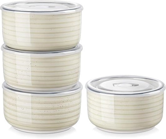 vancasso Bonbon Ceramic Bowls with Lids Set of 4, 36 oz Microwave Safe Soup Bowls, Airtight Food Storage Containers for Meal Prep, Salad, Cereal, Leftovers, Lunch, and Serving, Beige by vancasso
