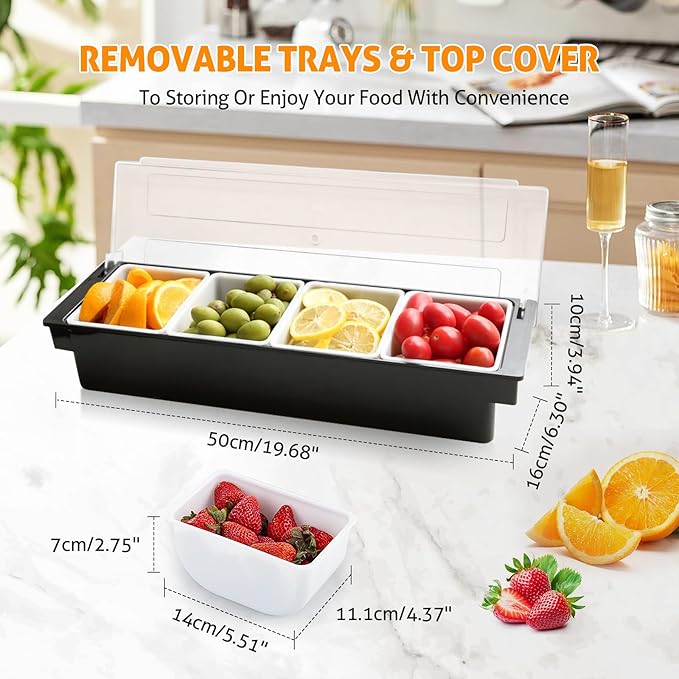 WICHEMI Fruit, Veggie & Condiment Caddy with Lid Dispenser Tray Plastic Garnish Station for Bartending & Serving Taco, Ice Cream, Salad Bar - Topping Organizer for Restaurant Supplies (4 Compartment+3 - Image 3