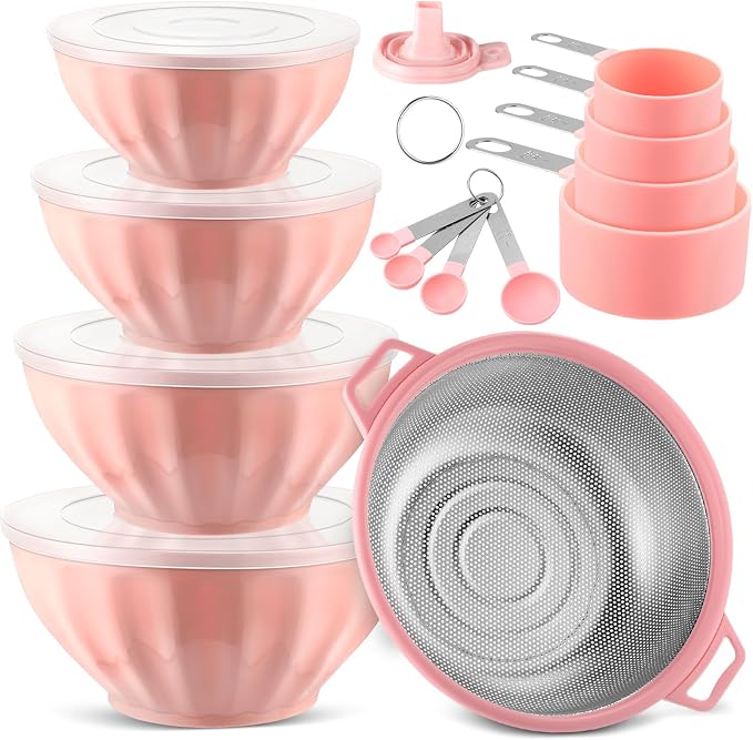 4 Pcs Mixing Bowls with Lids Plastic Nesting Bowls Set with Stainless Steel Colander 8 Pcs Measuring Cups and Spoons Set and Foldable Kitchen Funnel for Kitchen Cooking Accessories (Pink) by Ziliny
