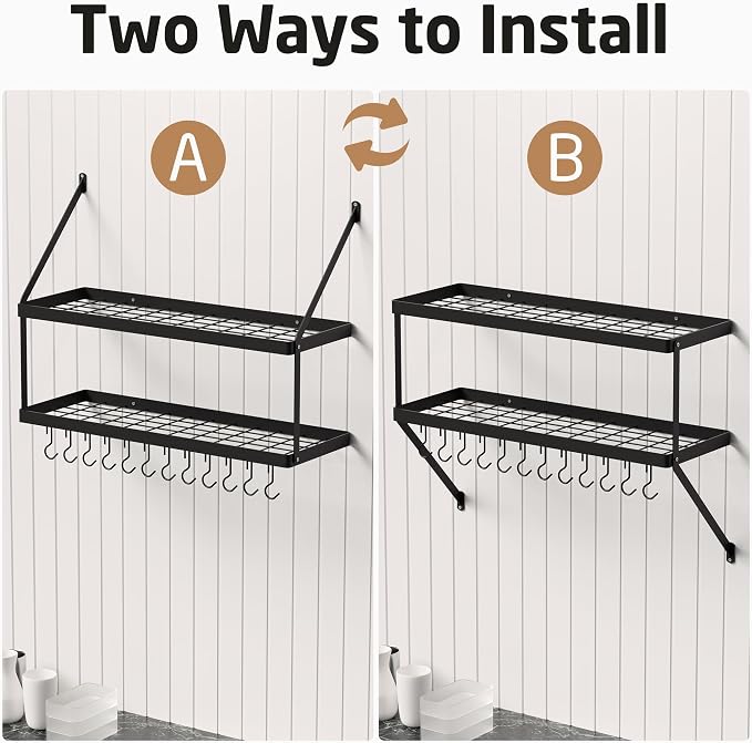KES 2-Tier Wall Pot Rack, 30-Inch, 100 Lbs Load, Heavy-Duty, Matte Black | 12 Removable S-Hooks, Cast Iron Pots and Pans Organizer, 16-Inch Stud Spacing, Kitchen & Dining Storage - Image 5