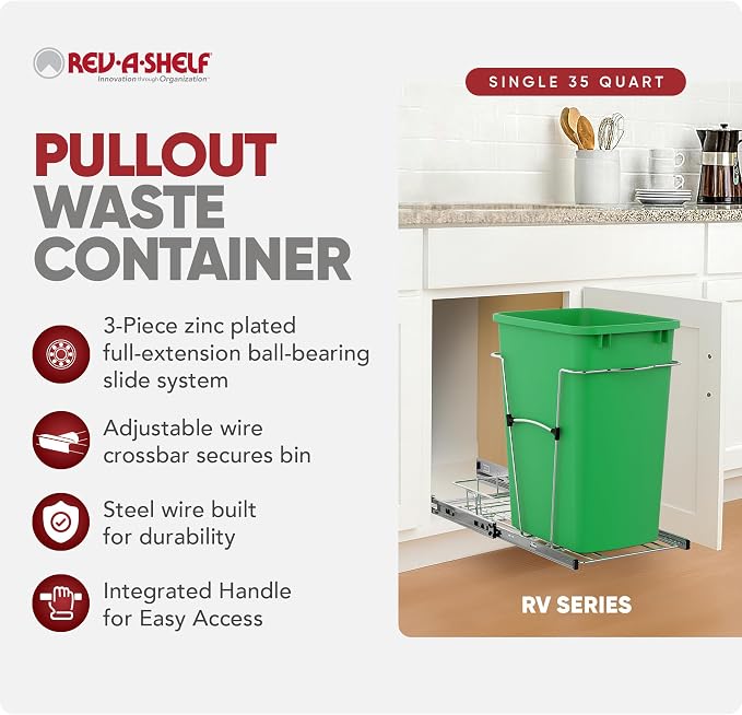Rev-A-Shelf Pullout Trash Can for Kitchen Cabinets 35 Qt Garbage Waste Recycling Bin with Full Extension Slides, Green, RV-12KD-19C-S - Image 2