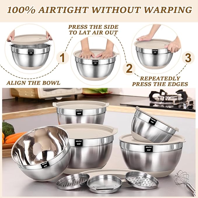 Umite Chef Mixing Bowls with Airtight Lids Set, 8PCS Stainless Steel Nesting Bowls with Grater Attachments, Non-Slip Bottoms, 5, 4, 3.5, 2, 1.5QT for Mixing & Serving - Image 7