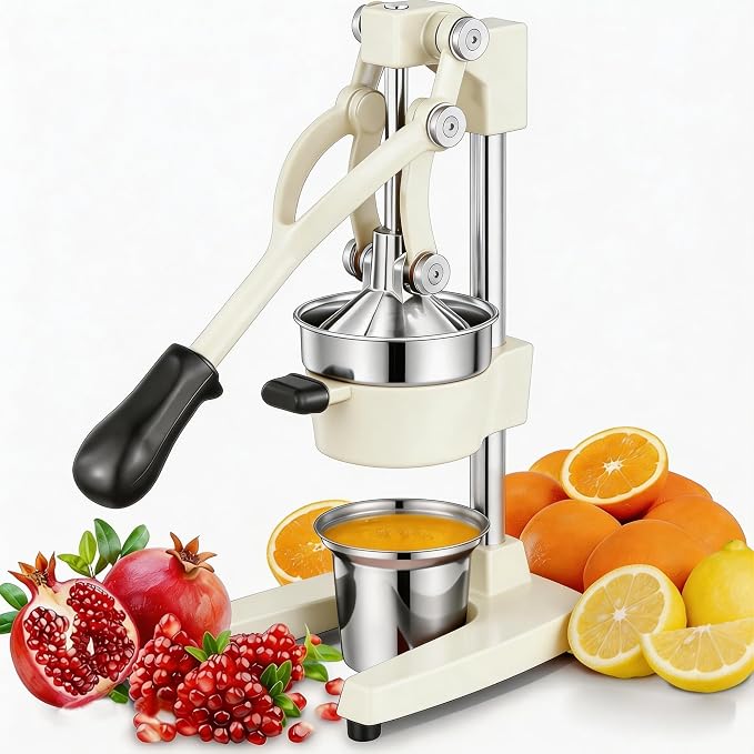 Commercial Heavy Duty Cast Iron Hand Press Manual Orange Citrus Lemon Lime Grapefruit Pomegranate Fruit Juice Squeezer Machine with Stainless Steel Cup White by Gowintech