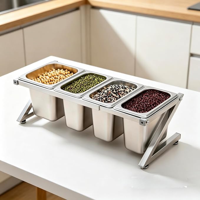 Telescoping Pizza Topping Station Container Food Prep Condiment Holder | Stainless Steel Container Set Spice Rack with 4 Pans & 4* Spoons & Lids, Food Truck Kitchen Buffet Pizza Oven Accessories - Image 3