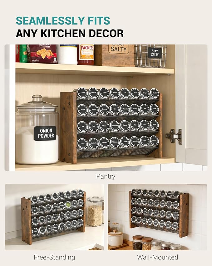 NESAPTO Spice Rack Organizer for Cabinet, Wood 4-Tier Vertical Seasoning Organizer, Wall Mount or Countertop Spice Shelf, Holds 32 Jars (No Jars Included), 15.7" W x 10.3" H - Image 6