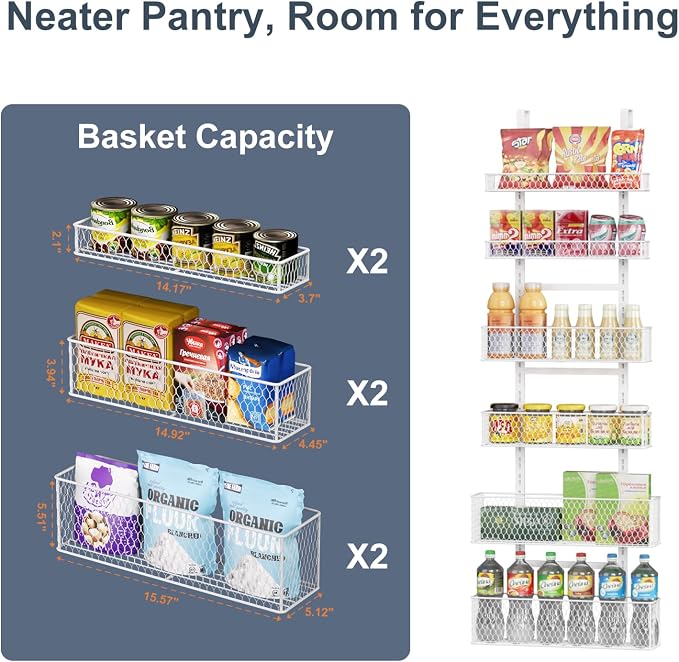 6-Tier Over The Door Pantry Organizer,Hanging Spice Rack,Grid Basket,White | Height Adjustable,Large Capacity,Grid Base for Stable Stoage,For Pantry Door,Laundry Room,Bathroom,Kitchen,D5.3xW15.7xH60.9in - Image 4