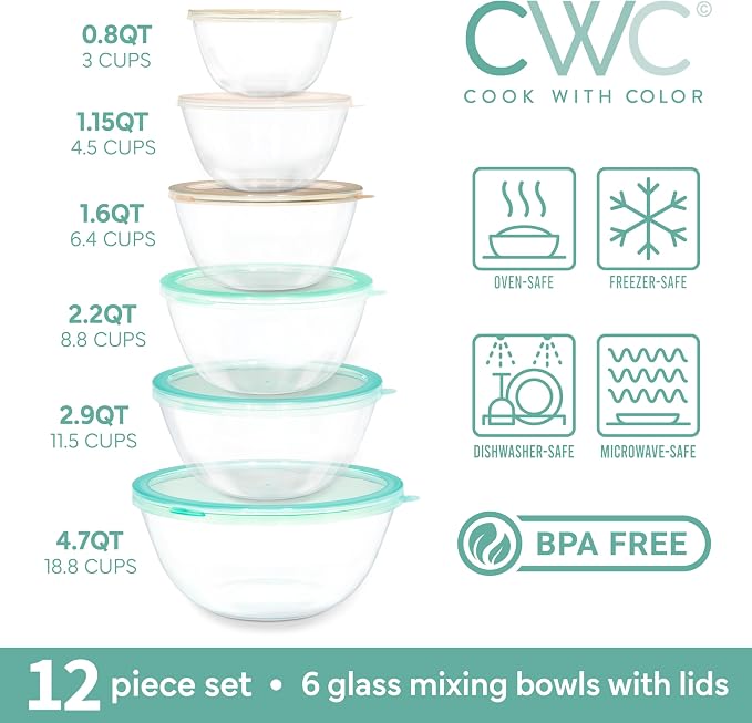 COOK WITH COLOR 12 Pc Glass Mixing Bowl Set with Lids – Borosilicate Glass Nesting Bowls for Cooking, Baking and Meal Prep, Mint - Image 2