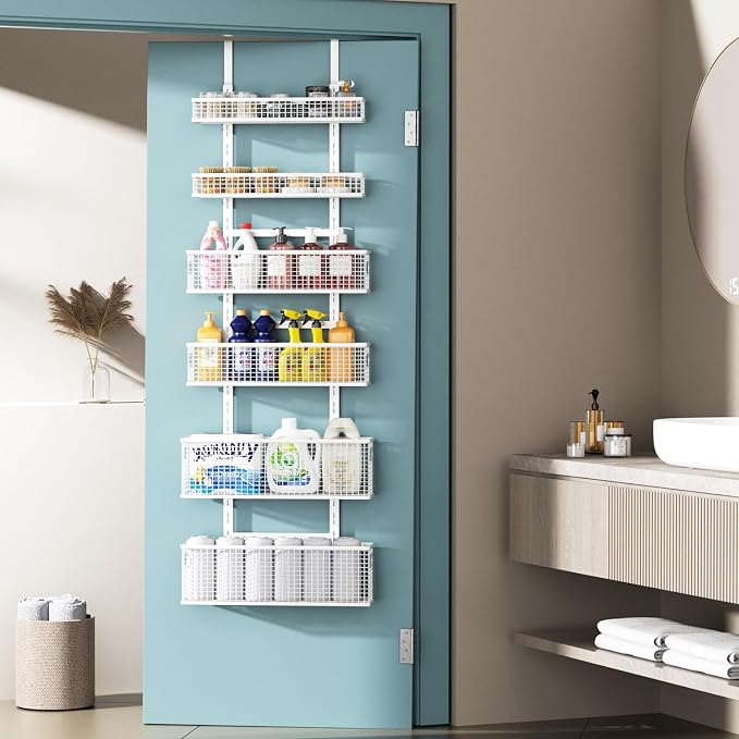 6-Tier Over The Door Pantry Organizer,Hanging Spice Rack,Grid Basket,White | Height Adjustable,Easy Grip Handle,Large Capacity,For Pantry Door,Laundry Room,Bathroom,Kitchen,D5.3xW15.7xH60.9in - Image 9