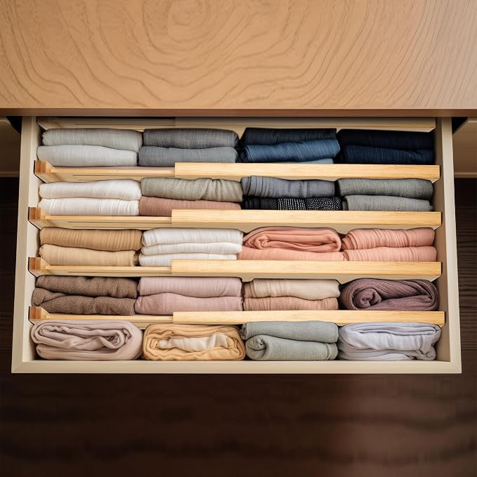Fabsome Dresser Drawer Organizers 6 Pack, 4.65'' High Adjustable from 17-22‘’ Bamboo Drawer Dividers for Clothing Baby Clothes, Wooden Separators for Dresser Nursery Organization with Soft Foam Ends - Image 8
