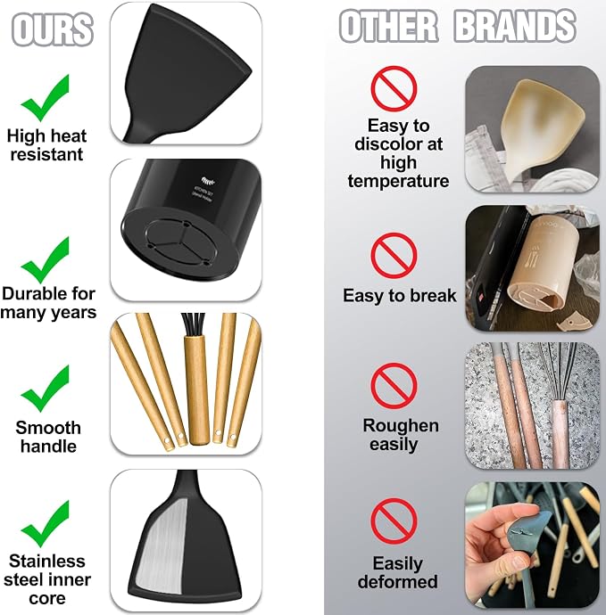 Kitchen Utensils Set- 34PCS Silicone Cooking Utensil with Holder, Umite Chef Heat Resistant Kitchen Spatula Set for Nonstick Cookware, Black Wooden Handles Kitchen Gadgets Tools Set - Image 3