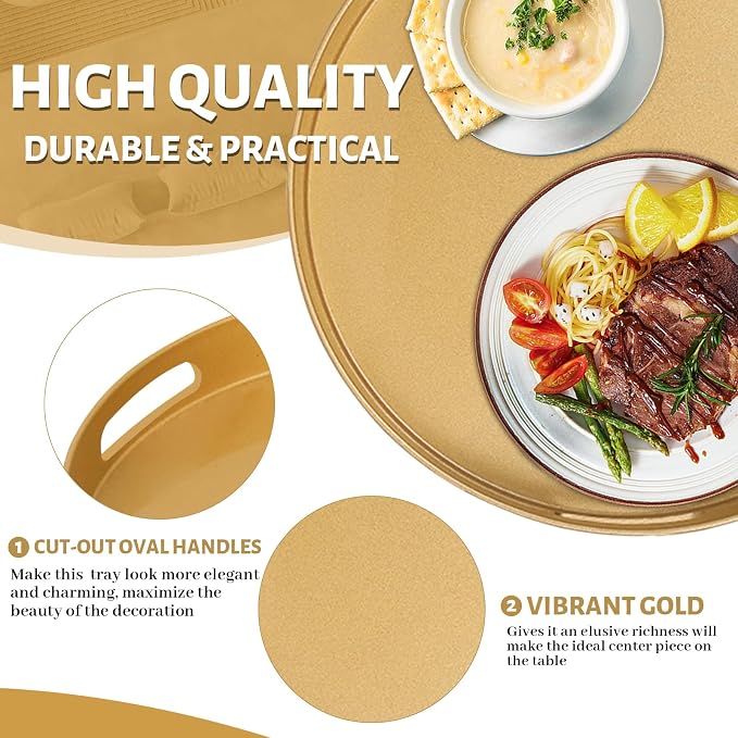 13" Gold Decorative Tray, Plastic Round Serving Tray with Handles | Decorative Tray for Coffee Table, Modern Ottoman Tray, Circle Tea Tray, Round Melamine Tray for Living Room, Bathroom - Image 3