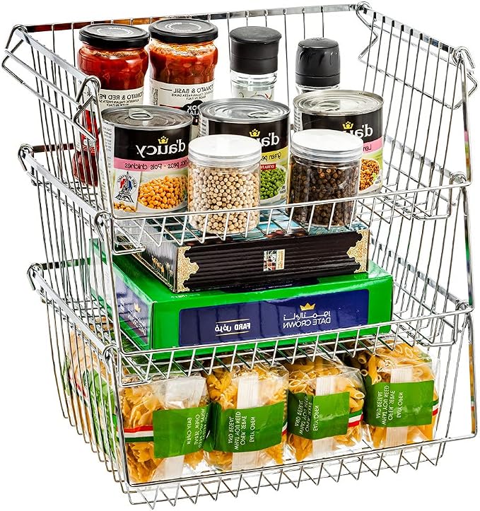 SANNO Stacking Baskets Bin Baskets Wire Storage Baskets Organization Farmhouse Scoop Baksket for Pantry, Kitchen, Closets, Bathroom, Cabinets, Kitchen, Set of 3 - Image 2