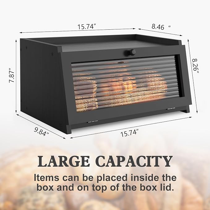 LOHASOK Bread Box for Kitchen Countertop,Black | Wooden,Large, Farmhouse Bread Container Holder Storage, Acrylic translucent window - Image 6
