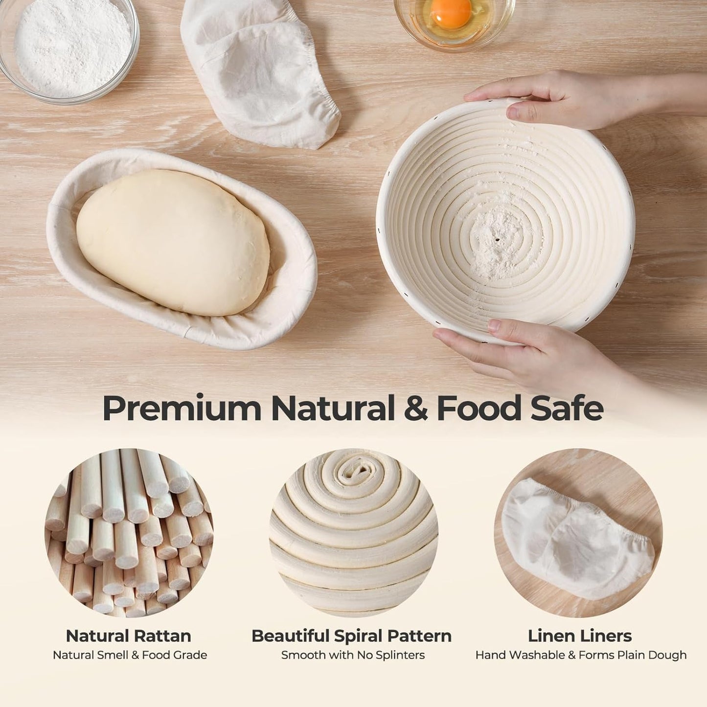 Banneton Bread Proofing Basket Set, 9" Round & 10" Oval Natural Rattan Sourdough Bowl with Linen Liner, Sourdough Starter Kit, Fermented Cloth, Silicone Bread Sling, Ideal for Homemade Bread