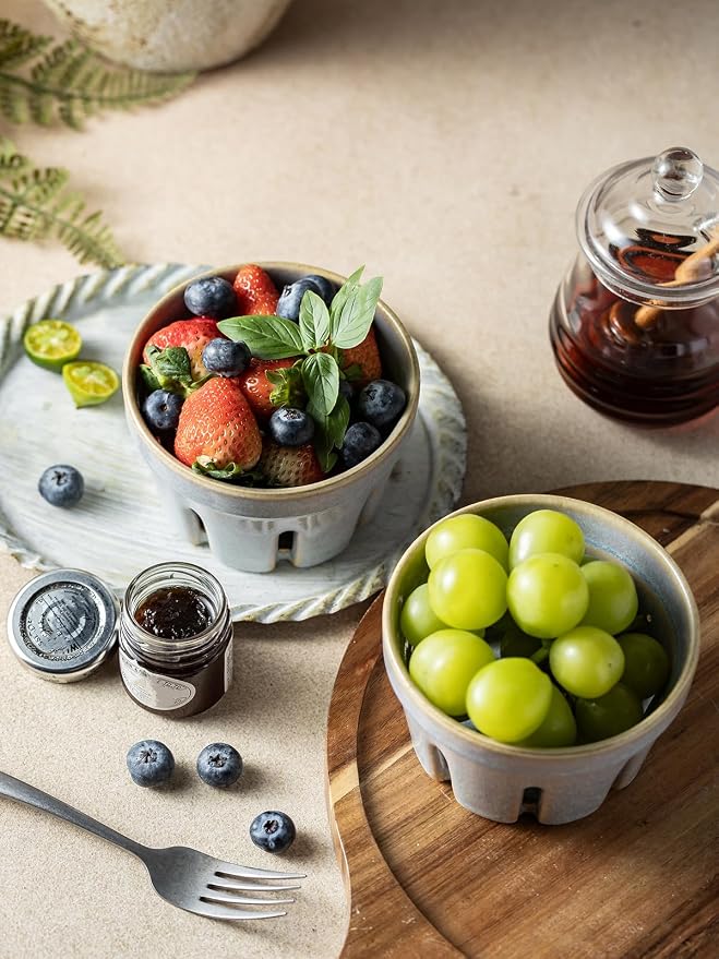 Gomakren Ceramic Berry Basket Set of 2, Small Fruit Bowl Colanders, Gray | Drain Holes Keep Berries Fresh, Stackable, Wash & Serve, Round Strawberry Basket for Fridge Kitchen Counter, Lovely Home Gift - Image 6