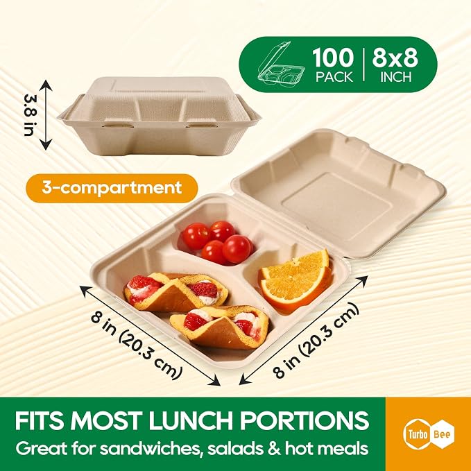 Turbo Bee 100 Pack 8x8inch Natural 3 Compartment Take Out Containers with Lids, Disposable Clamshell Meal Prep Containers, Divided Food Boxes for Food Truck, BBQ, Catering & Lunch - Image 2