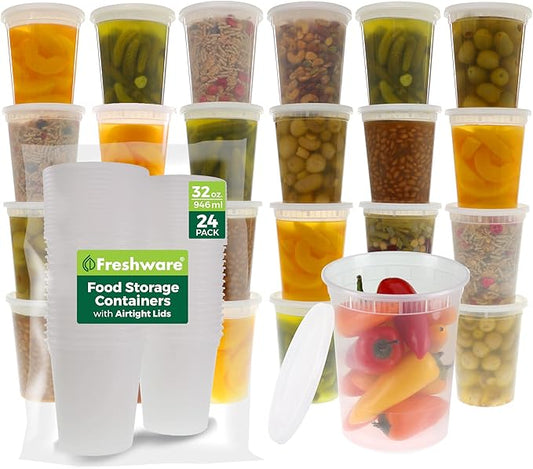 Freshware Food Storage Containers [24 Set] 32 oz Plastic Deli Containers with Lids, Slime, Soup, Meal Prep Containers, BPA Free, Stackable, Leakproof, Dishwasher and Freezer Safe, Translucent by Freshware