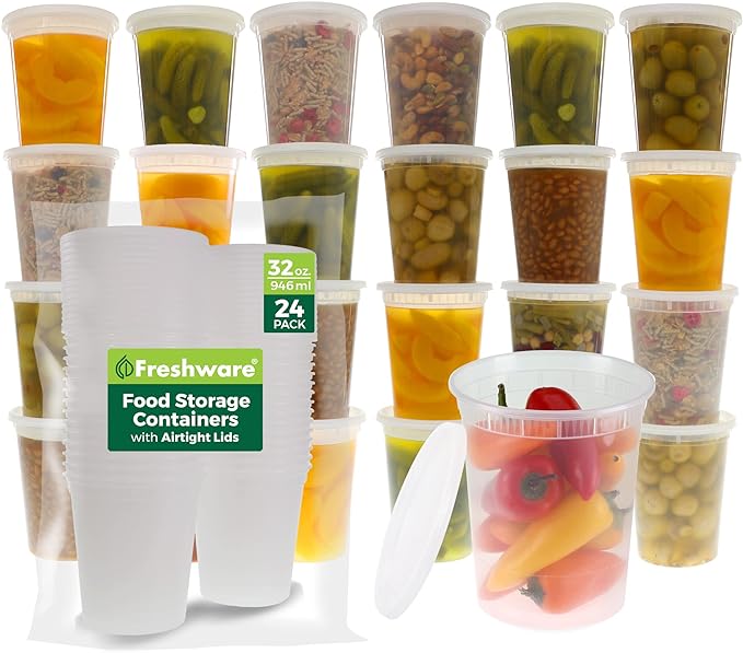 Freshware Food Storage Containers [24 Set] 32 oz Plastic Deli Containers with Lids, Slime, Soup, Meal Prep Containers | BPA Free | Stackable | Leakproof | Microwave/Dishwasher/Freezer Safe by Freshware