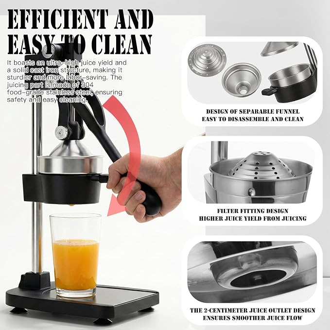Cast Iron Juicer – Heavy Duty Manual Citrus Juicer, Professional Orange Press, Stainless Steel Lemon Squeezer & Lime Juice Extractor (Gray-Base-Style) - Image 3