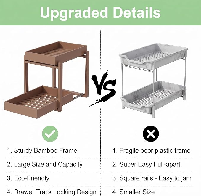 MHXW SXPN Bamboo Under Sink Organizer, 2 Pack Pull Out Cabinet Organizer | 2 Tier Vertical Smooth Slide Out Undersink Storage Shelf | Multi-Purpose Organizer Shelves for Kitchen Bathroom Medicine - Image 6