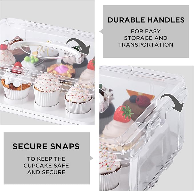 Two Tier Cupcake Carrier, White Stackable Cupcake Holder Carries for 24 Standard-Size Cupcakes, Reusable Detachable Cupcake Box - Image 4