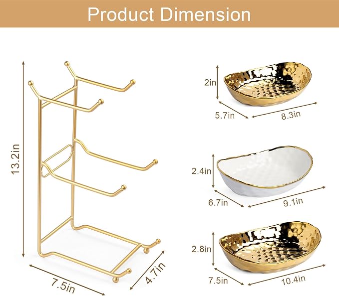 LIJINGCHEN 3 Tier Fruit Basket for Kitchen Counter, Modern Ceramic Fruit Bowl with Gold Metal Stand, Tiered Fruit Tray for Countertop, Snacks, Nuts, Cakes, Desserts, Candy - Image 2