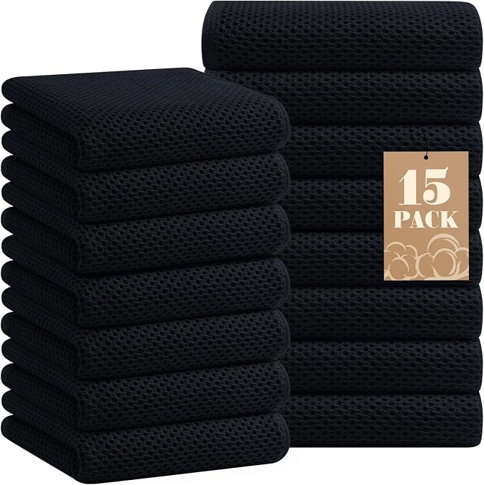 Homaxy 100% Cotton Waffle Weave Kitchen Towels, 15-Pack, Black | Ultra Soft Absorbent Dish Towels, Quick Drying Cleaning Towels, 13 x 28 Inches by Homaxy