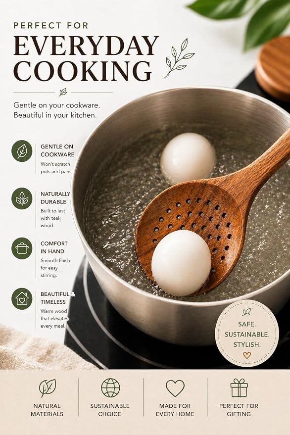 Wooden Cooking Utensils Set – Coki Home 9-Piece Teak Wood Kitchen Utensils with Holder, Nonstick Safe, Plastic-Free, Food-Safe Cooking Tools - Image 6