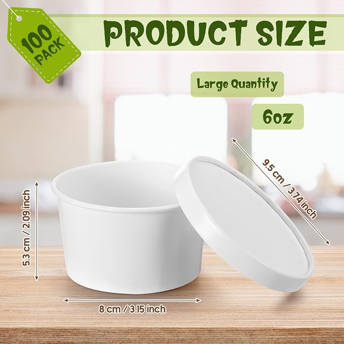 Fulmoon 100 Pack Paper Soup Containers with Lids Disposable Paper Food Containers with Vented Lid Kraft Ice Cream Cake Dessert Cups Soup Bowl for Party Hot Food Fruit Microwave(6 oz,White) - Image 2