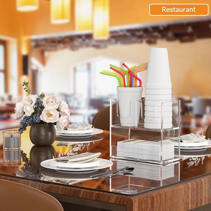 Beego 3-Compartment Cup Holder for Countertop - 2-Tier Clear Acrylic Cup Dispenser Coffee Station Paper Cup and Lid Organizer Condiment Storage for Restaurant Breakroom Kitchen Bar Accessories - Image 4