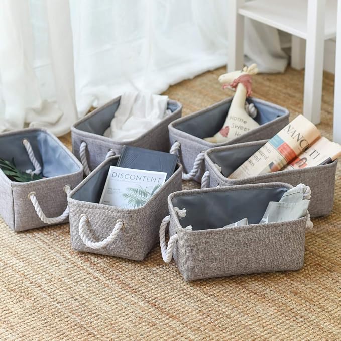 Foldable Small Storage Baskets with Strong Cotton Rope Handles [6-Pack] Gray Collapsible Storage Bins Set Works Room Storage, Nursery Baskets - Image 5