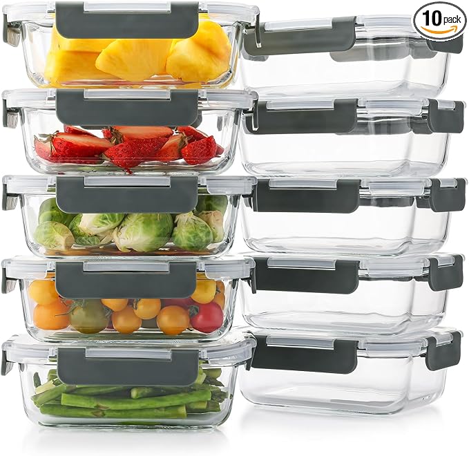 Cuiselect 10 Pack 22 Oz Glass Meal Prep Containers with Lids, Reusable Glass Food Storage Containers with Lids, Microwave, Oven, Freezer and Dishwasher Safe (Gray) by Cuiselect