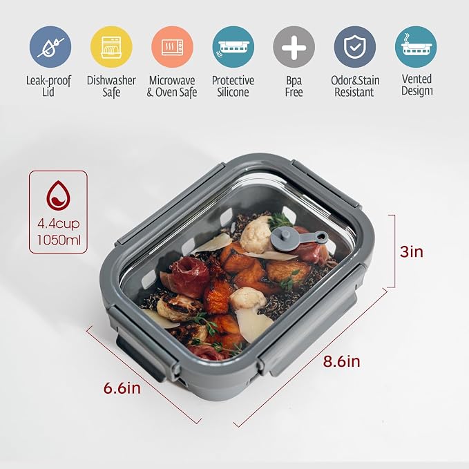 Glass Meal Prep Containers 5-Pack With Glass Lids & Steam Vent, 35 Oz / 4.4 Cups Leakproof Airtight Food Storage Containers, Borosilicate Glass, Microwave And Dishwasher Safe, Bpa-Free - Image 2