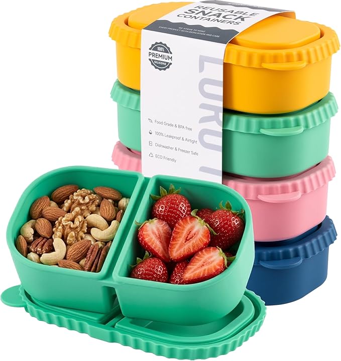 4 Pack Silicone Reusable Snack Containers with Lids - 8 oz Double Compartment Snackle Box for Kids & Adults, BPA-Free & Leakproof, Small for Dressing, School, Office by LOROTOCO