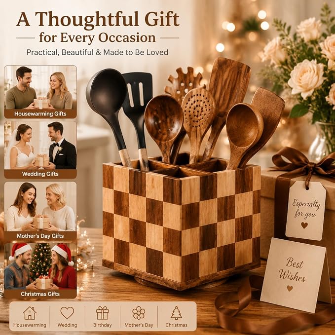Rotating Square Wooden Utensil Holder – 7.3” Square Acacia Wood Kitchen Utensil Organizer with Checkered Design, Large Countertop Crock for Spatulas, Spoons & Cooking Tools, Farmhouse Kitchen Decor - Image 7