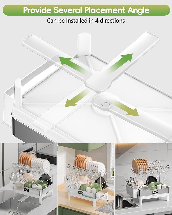 2 Tier Dish Drying Rack, Thicker Premium 304 Stainless Steel Dish Racks for Kitchen Counter, Automatic Drainage Spout, Dish Drainer & Drainboard Set with Utensil Holder and Cup Holder, White - Image 4