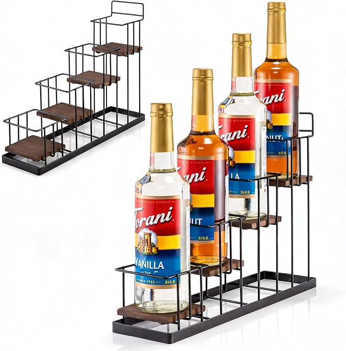 Coffee Syrup Rack Organizer, with Rustic Wood Holder Coffee Station Bar Accessory for Syrup, Wine, Dressing Bottle Countertop Display Storage Stand for Kitchen with Basket and Hooks Holds 4 Bottles by kimilus