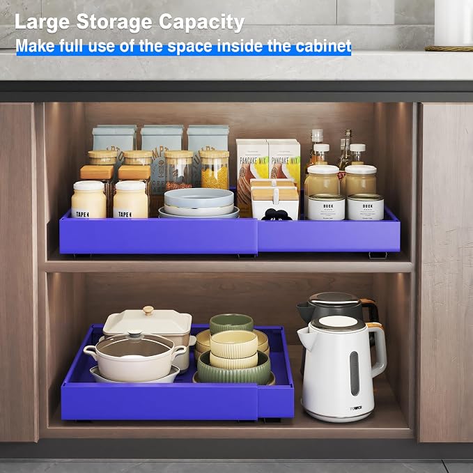 Mustorn 2 Pack Pull Out Cabinet Organizer, Expandable Slide Out Drawers for Kitchen Cabinets Peel and Stick Pullout Drawer Heavy Duty Sliding Shelves for Cupboard, Pantry, Bathroom(16.5" Deep, Blue) - Image 4