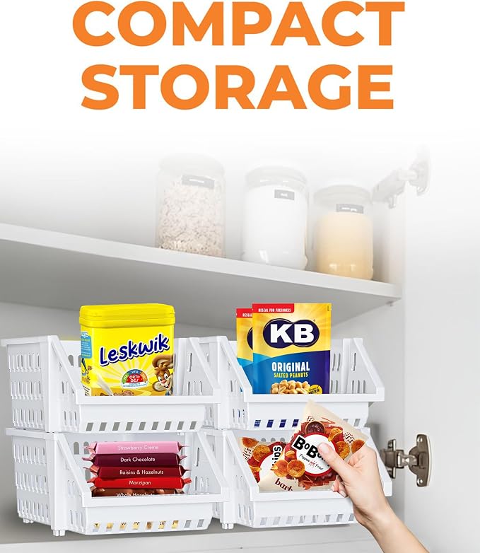 Small Stackable Storage Bins Open Front for Pantry Storage, 12 Pack - White | Sturdy Plastic, Easy Stacking, Open Front Access, Ventilated Sides, Vertical & Space Saving Pantry Organizers and Storage Bin - Image 6