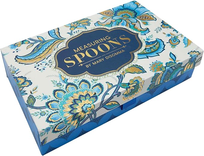Mary DiSomma’s Ceramic Measuring Spoons (Set of 4) | Unique Signature Floral Print Design for each, Gold Overlay, Teal, Blue, Robin’s Egg Blue, Lime Green, Metallic Gold Chain, Boxed gift set - Image 2