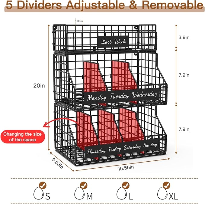 Egg Holder Countertop with Dividers & Labels, 3 Tier Stackable Chicken Egg Holder Egg Baskets for Gathering Fresh Eggs, Egg Organizer for Egg Storage, Wall-Mounted, Black - Image 5