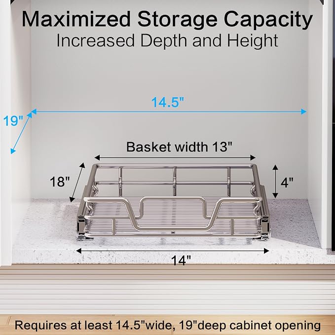 Kitchen Cabinet Pull Out Shelf and Drawer Organizer Slide Out Pantry Storaqe Basket in Multiple Sizes (14" W x18 D,1 Tier) - Image 2