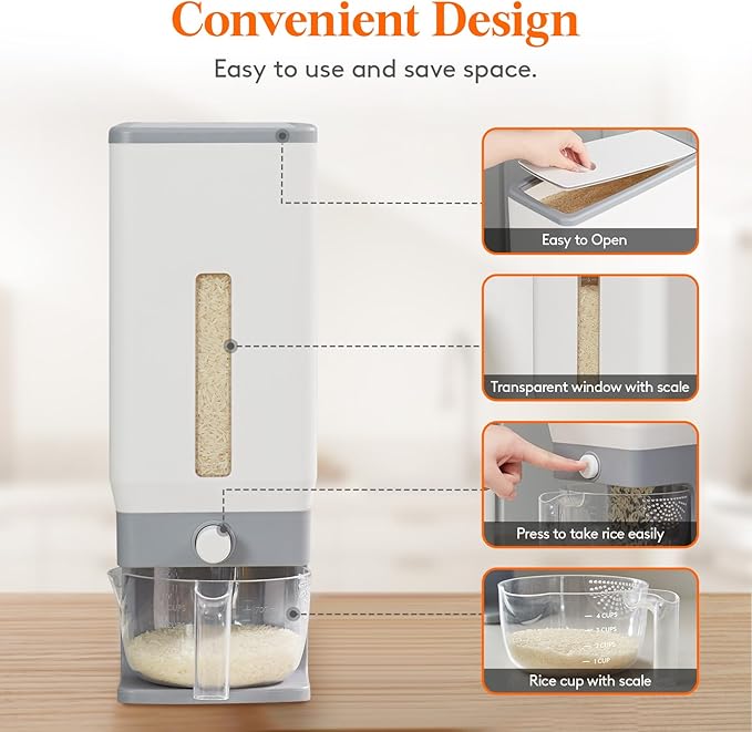 Lifewit Rice Dispenser 25 Lbs, Airtight Storage with Measuring Cup, Grey | BPA-Free 11.3kg Capacity Storage Container for Beans, Corn & Other Small Grains, One-Press Dispensing Bin for Kitchen Pantry - Image 3
