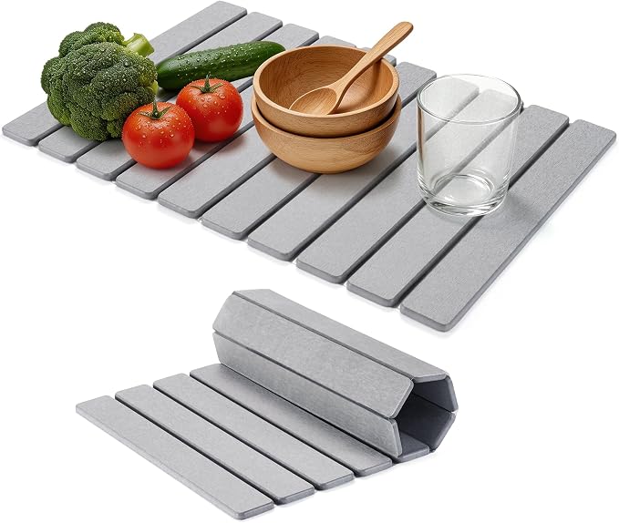 Large Stone Dish Drying Mat for Kitchen Counter – 24"×16" Collapsible Diatomaceous Earth Mat, Ultra Absorbent & Quick Dry, Foldable Drying Pad for Dishes, Bottles, Cups (Light Grey) by HABUTWAYMakeYourLifeComfortable