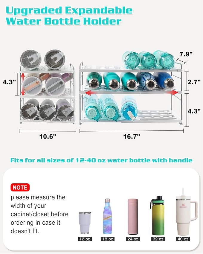 Cirhy 3-Tier Expandable Water Bottle Organizer Holder for 12-40oz Tumblers | Adjustable Cup Organizer Rack for Stanley, Owala and Yeti Oragnizer, Kitchen Cabinets and Pantry Organization - Image 2