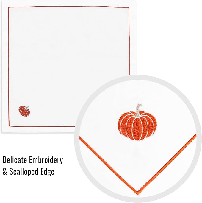 Hofdeco Premium Fall Coastal Cotton Cloth Napkins Set of 4, 20"x20" Washable Dinner for Events, Parties, Rust Orange Embroidered Pumpkin - Image 5