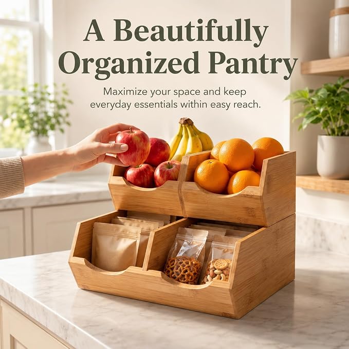 Bamboo Pantry Storage Bins Set of 3, Stackable Desktop Organizer | Ideal for kitchen counters, pantry shelves, dining rooms, coffee bars, offices and utility rooms. - Image 7