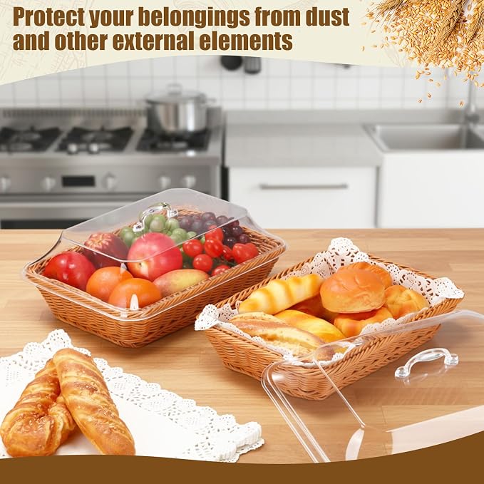 Mumufy 2 Packs Bread Baskets for Serving with Lid 14.17x10.24x2.56'' Imitation Rattan Fruit Storage Basket, and 50 Pcs Food Blotting Sheets for Baker Gift, Kitchen Counter Organization, Bread Display - Image 6
