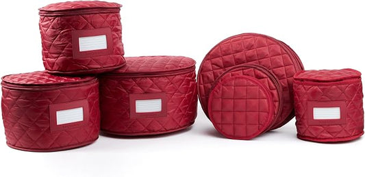Covermates Keepsakes Dish Storage Set – Padded China & Dinnerware Storage Cases with Dividers, Cup & Stemware Storage, Quilted Polyester Protection, ID Window, Red by Covermates